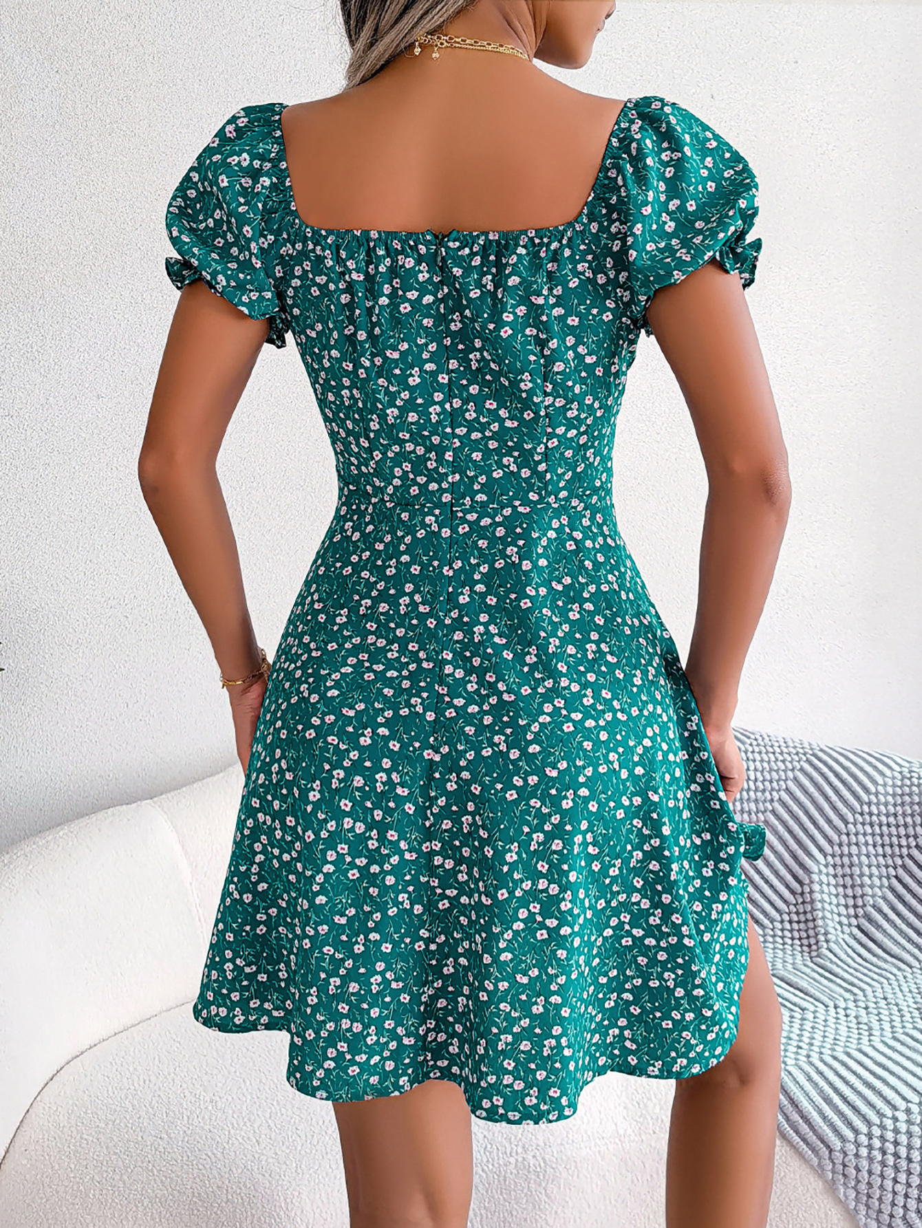 Women Casual Square Neck Flare Short Sleeve Floral Dress, Elegant A-Line Spring Summer Dress for Fashionable Women