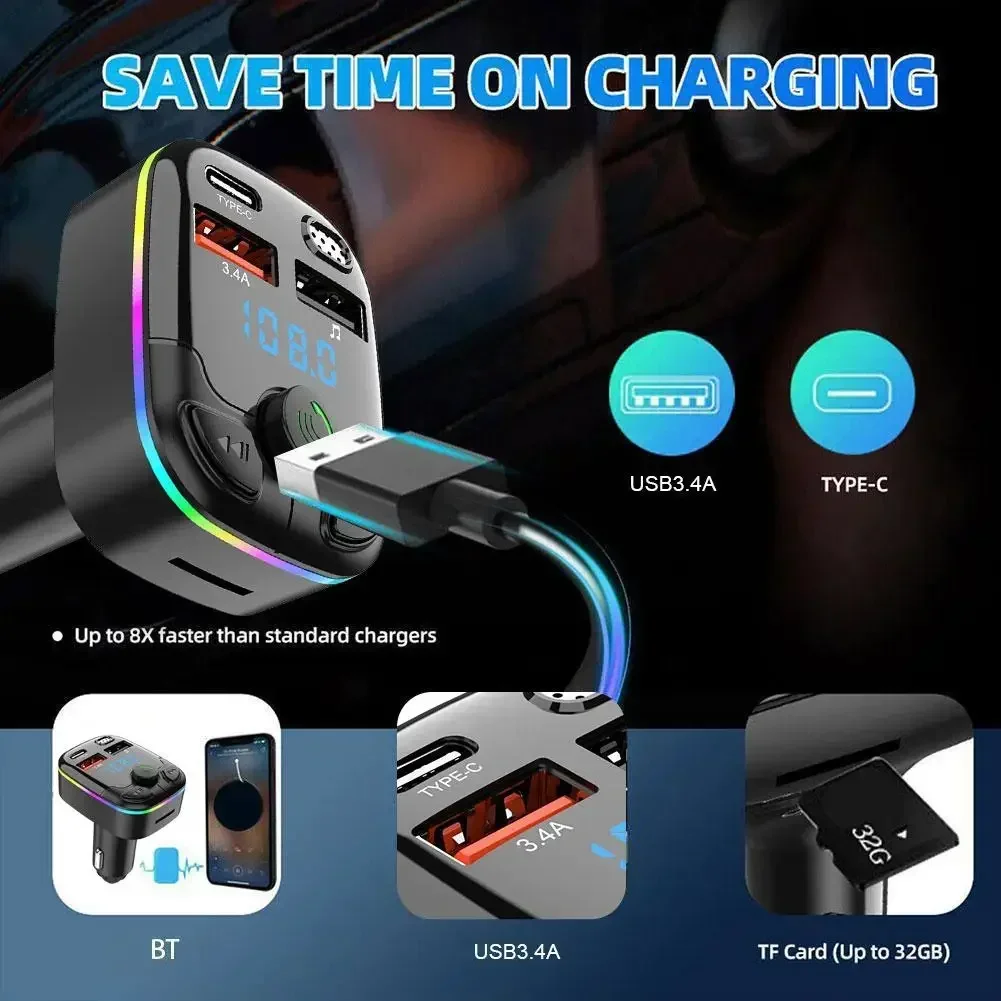 Wireless Car Bluetooth 5.0, FM Transmitter, Adapter Mic Audio Receiver, Auto MP3 Player, Dual USB Fast Charger