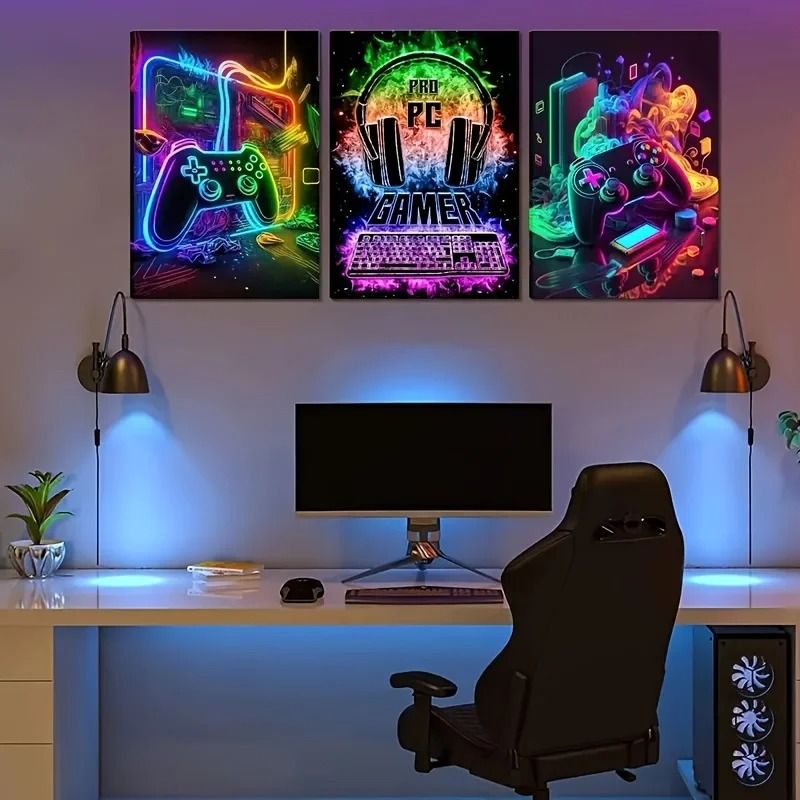 3-Piece Gaming Room Canvas Prints | Punk Style Gamepad Wall Art