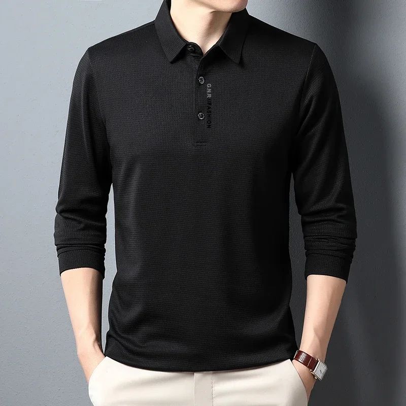 Men's Waffle Knit Polo Shirt – Long Sleeve Casual Letter Print Lapel Top