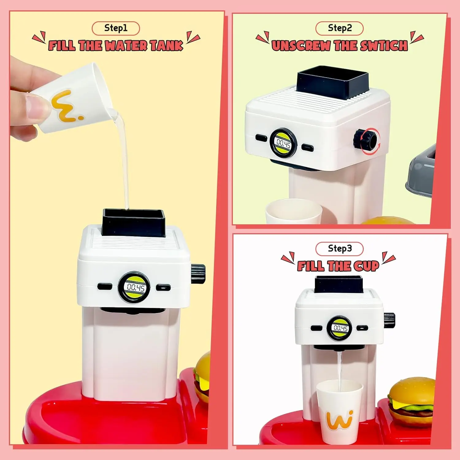 Realistic Food Sets for Toddlers, Pretend Play Fast Food Toys, Cash Register Toys, Hamburger Sandwich Water Dispen