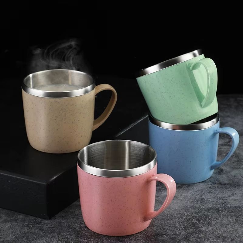 Simple Solid Color Stainless Steel Mug – Wheat Straw Element Small Water Cup, Anti-Scalding, Children's Drinking Cup