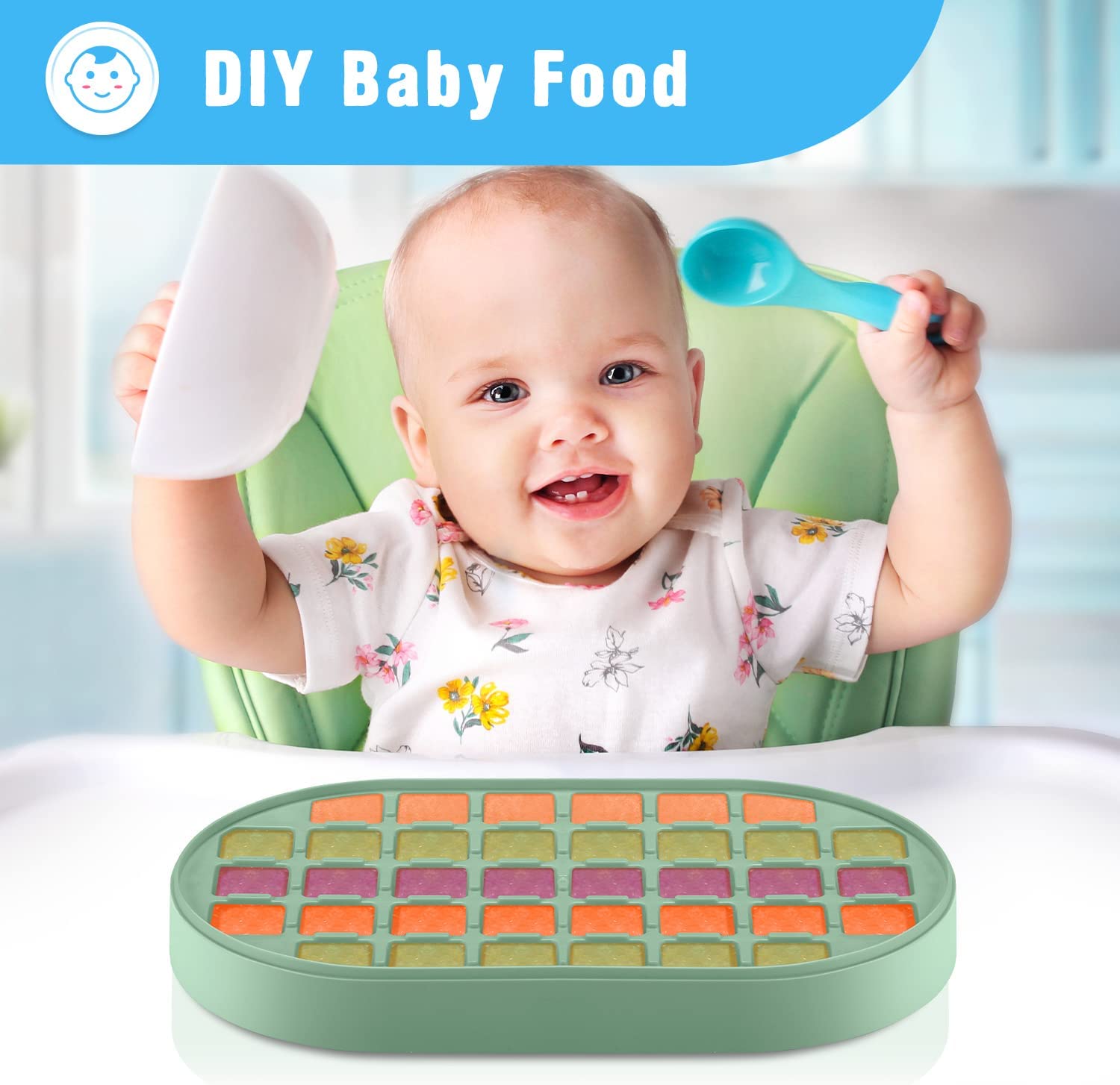 Stackable Double Ice Cube Tray with Lid and Case, Ice Cubes with Container and Spoon Included BPA Free