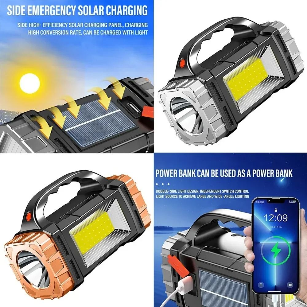 Powerful LED Flashlight USB and Solar Rechargeable Outdoor Camping Torch