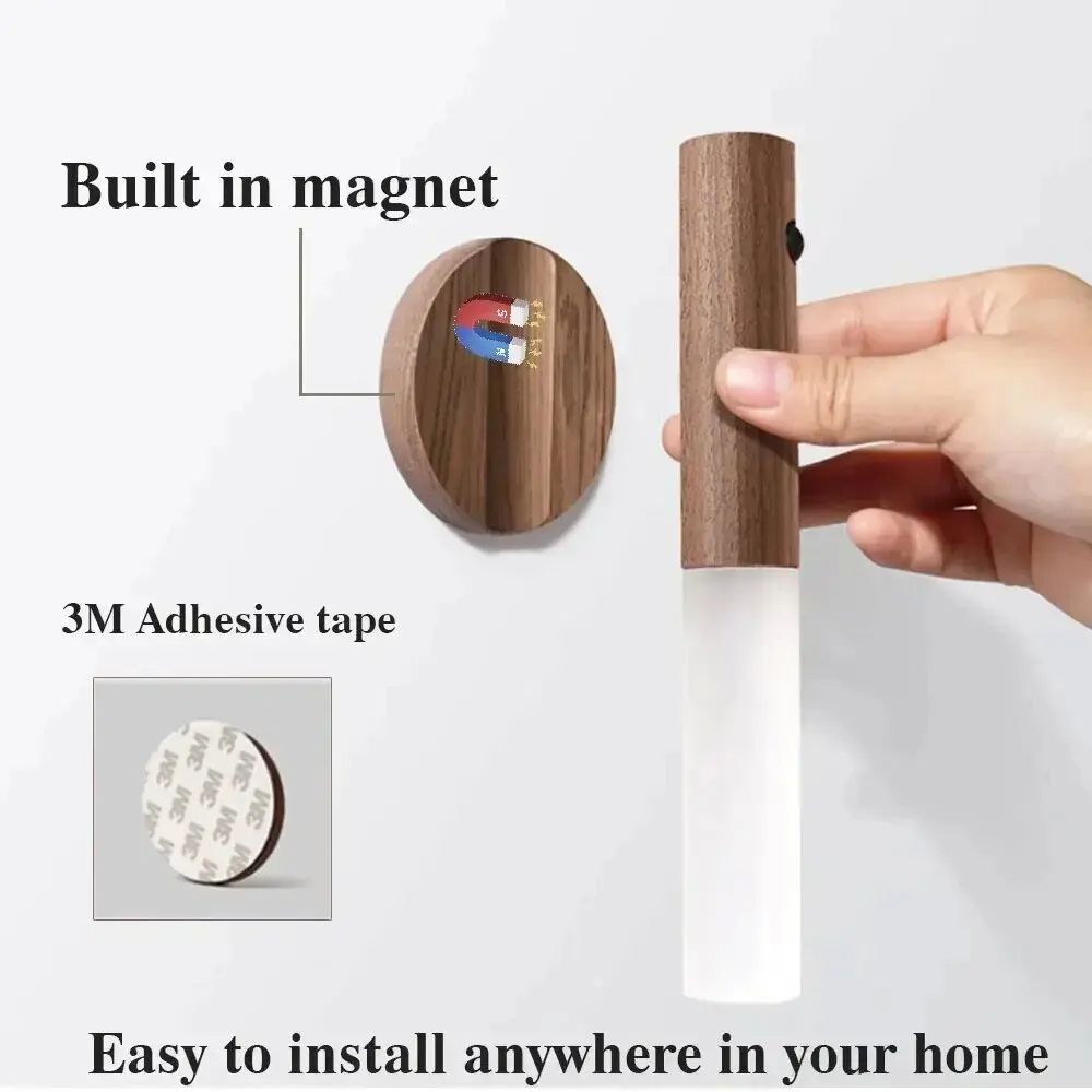 Creative Smart PIR Auto Motion Sensor LED Night Light, Rechargeable Magnetic Wood Cabinet & Wall Lamp for Home