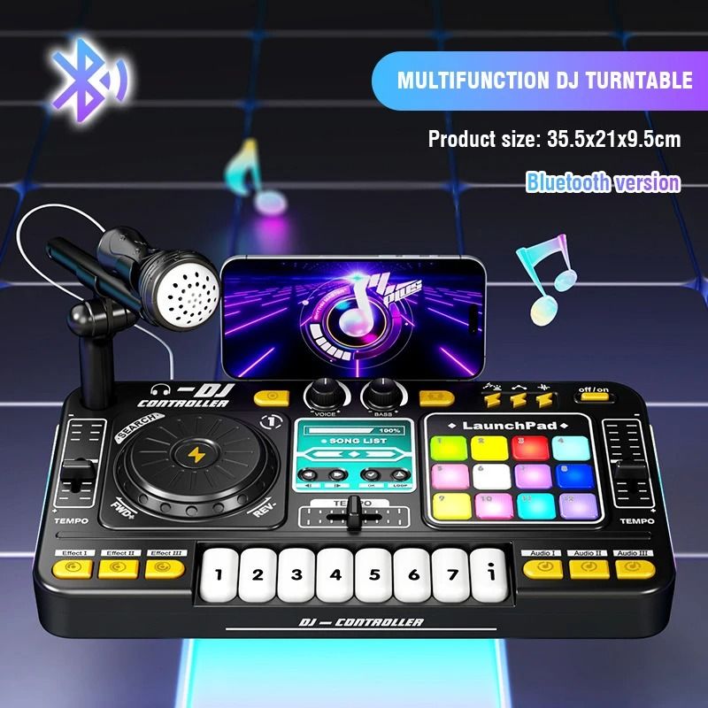 Kids DJ Mixer Keyboard with Microphone Bluetooth DJ Turntable Piano Set