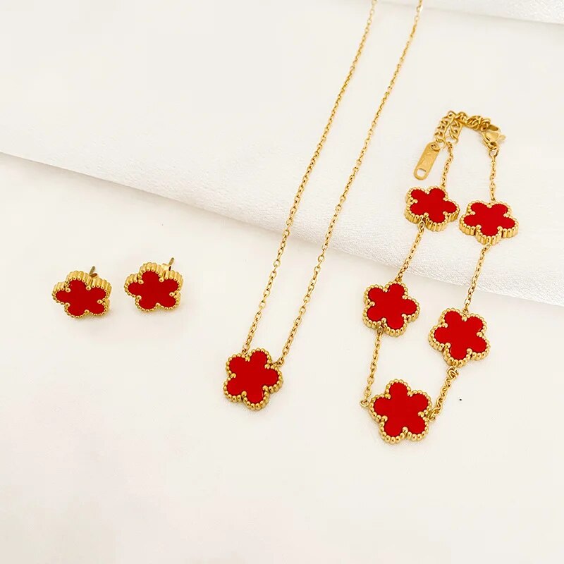 Luxury 3-Piece Stainless Steel Jewelry Set: Five Leaf Flower Pendant Necklace, Earrings & Bracelet - Trendy Women's Gift