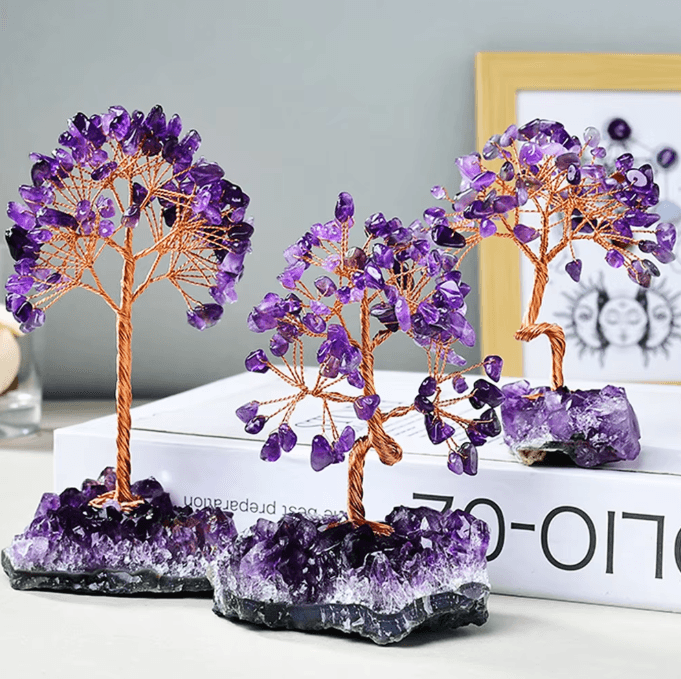 Amethyst Crystal Tree of Life – Wire Wrapped Healing Crystal Bonsai Decor with Natural Stone Base