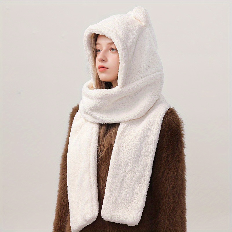 Bear Ear Hoodie Hat Scarf Gloves Set Winter Warm Cute Casual Plush Girl Fashion Comforts Polyester