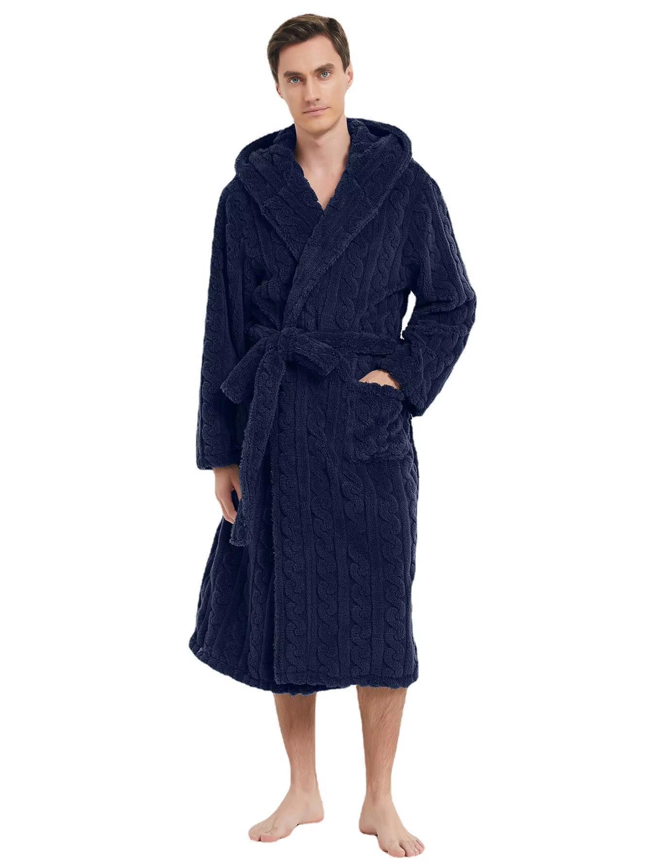 Men's Hooded Thickened Velvet Jacquard Warm Homewear Robe