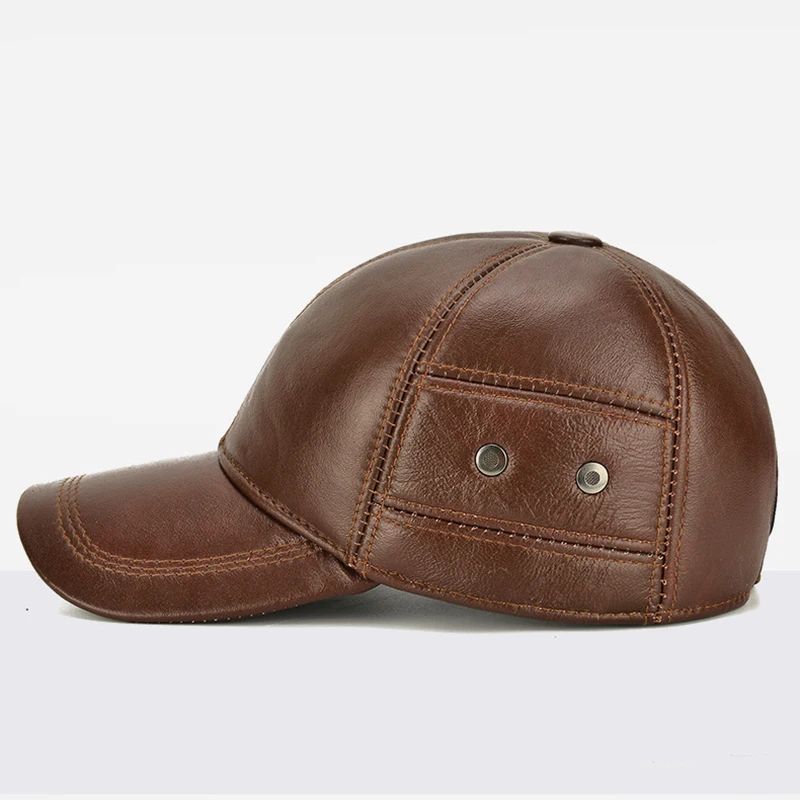 Men Real Cowhide Leather Winter Baseball Cap