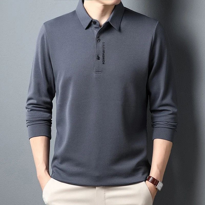 Men's Waffle Knit Polo Shirt – Long Sleeve Casual Letter Print Lapel Top