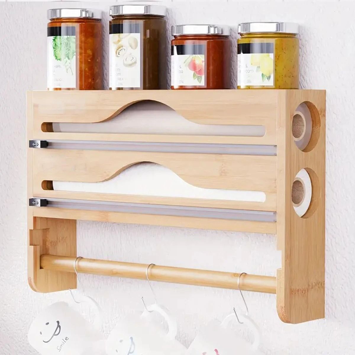 Bamboo 3-in-1 Kitchen Dispenser – Wall-Mounted Cling Film & Foil Cutter – Paper Towel Organizer with Sliding Blade