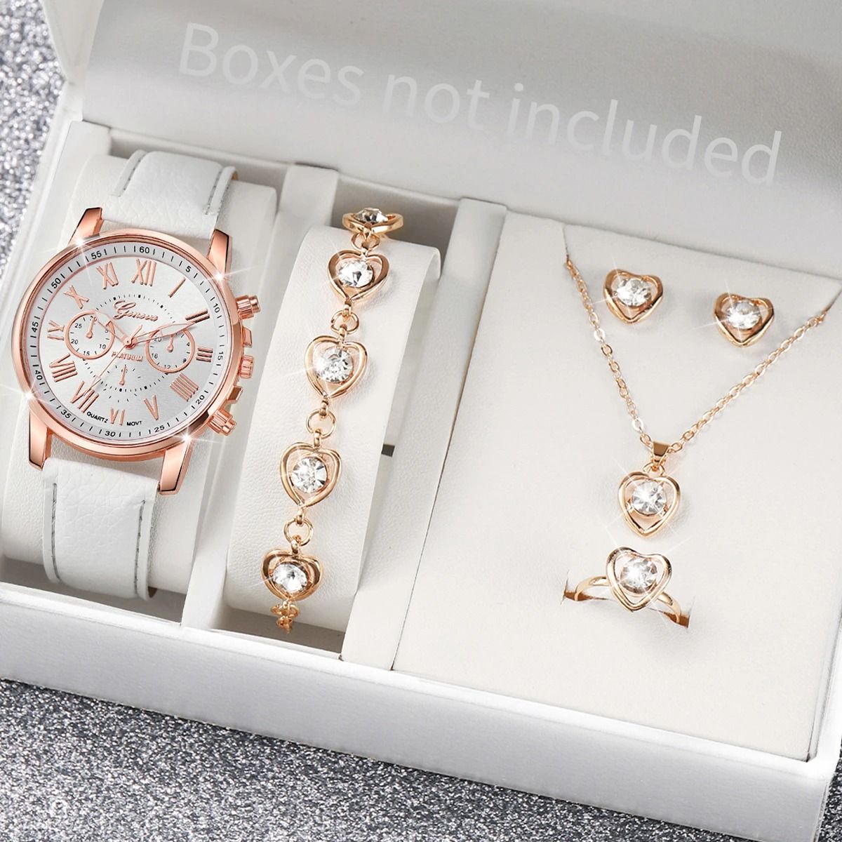 Women Luxury Watch and Jewelry Set Roma Dial Leather Band Quartz
