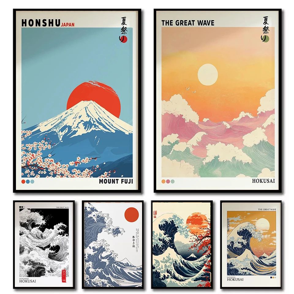Mount Fuji Sunrise Wave Canvas Print – Hokusai Great Wave Japanese Wall Art Decor
