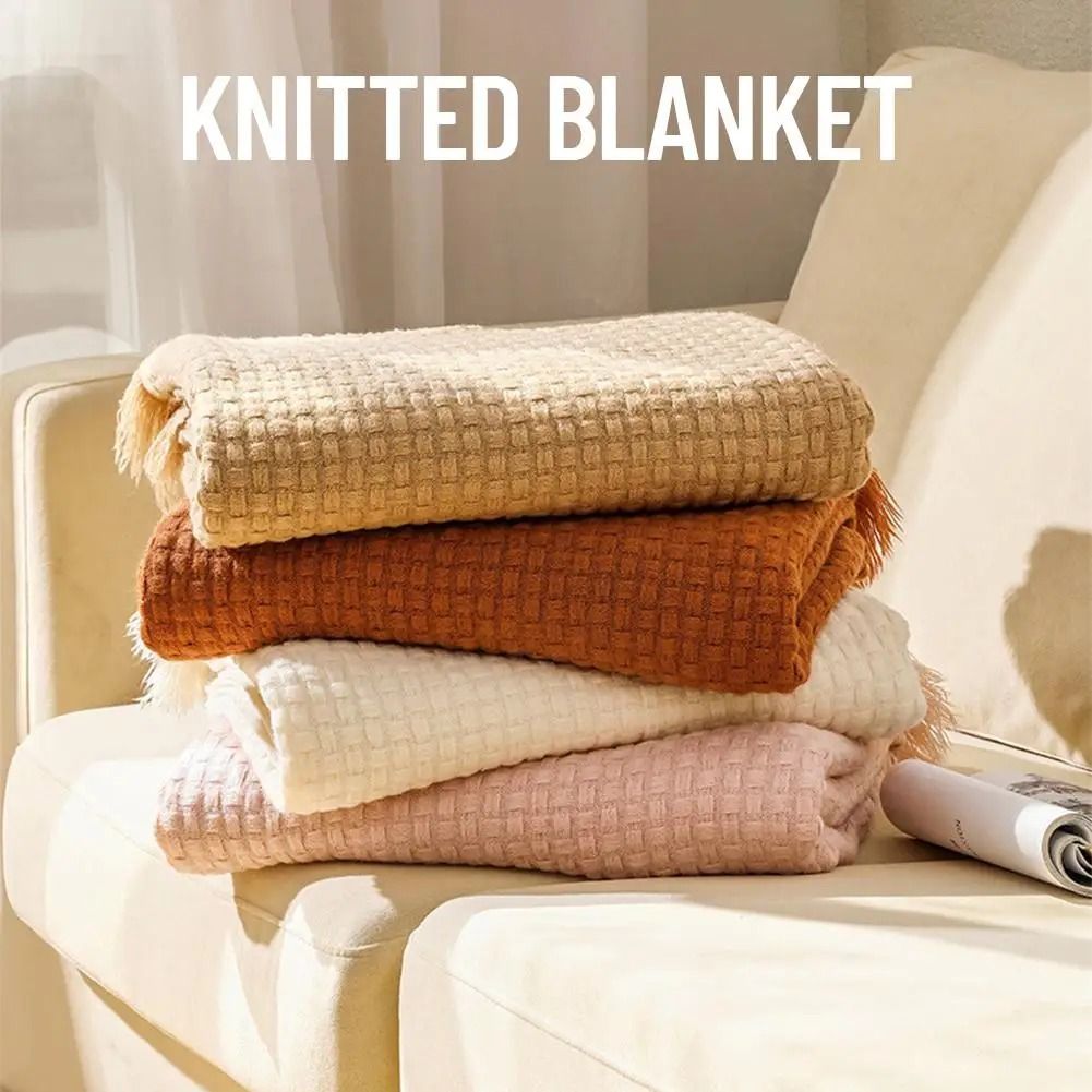 Nordic Knitted Sofa Blanket Solid Color Waffle Knit Blanket for Home Comfort