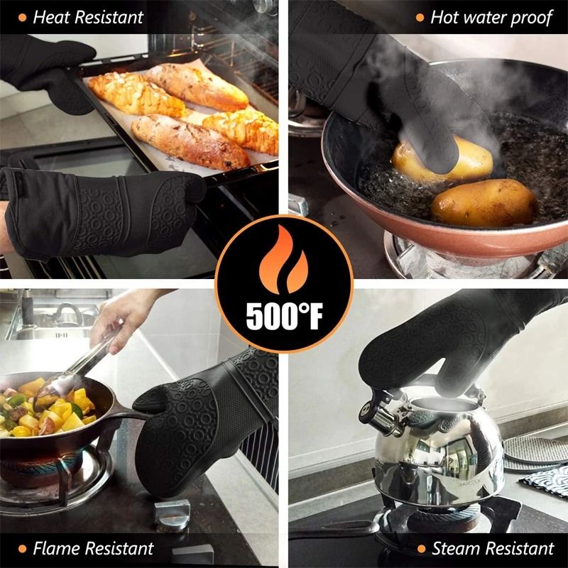 LMETJMA 6Pcs Extra Long Silicone Oven Mitts and Pot Holders Set Heat Resistant Cooking Gloves