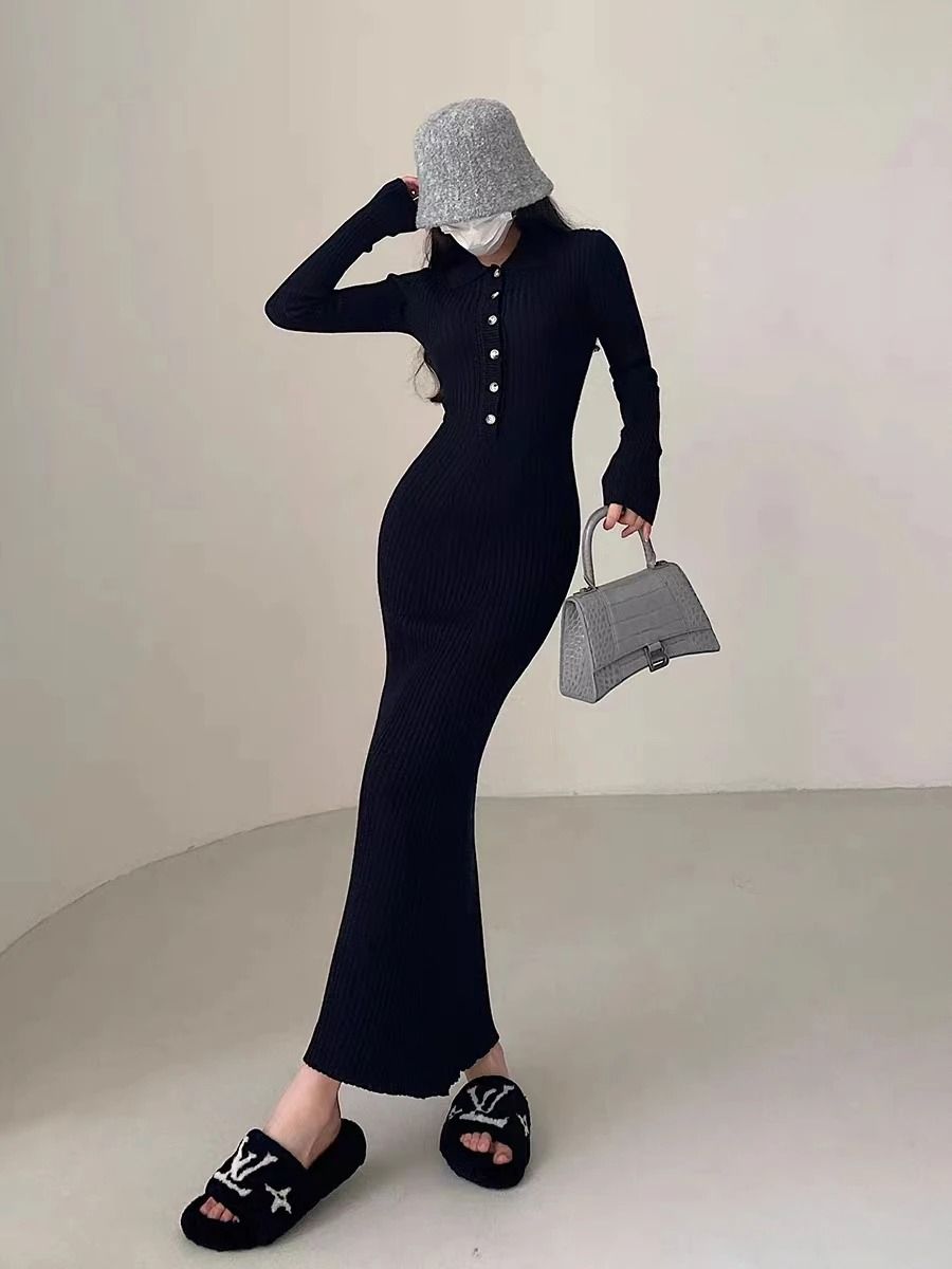 Single Breasted V Neck Fishtail Maternity Knit Dress