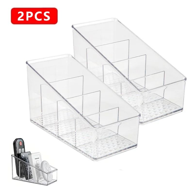 Clear Desktop Organizer Box with Four Compartments for Remote Phone and Cosmetics