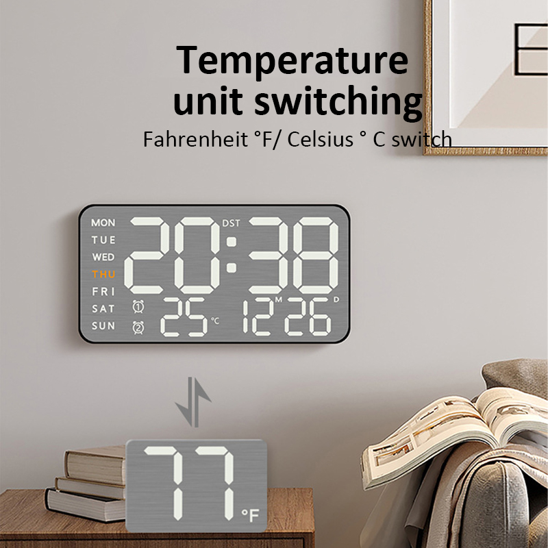 Mirror Brushed Finish Silent Wall Clock, Premium Feel Table Alarm Clock, Temp Display Bedroom Office Living Room Decor