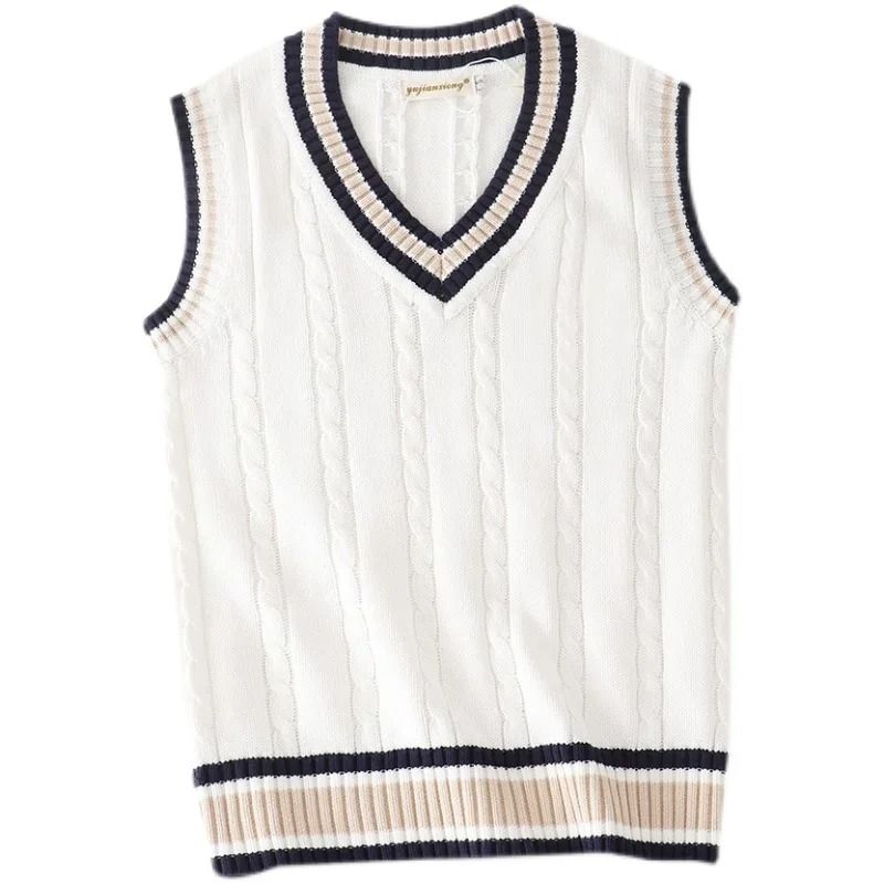 Mens Thick Knitted V Neck Sweater Vest Retro Striped Casual Pullover