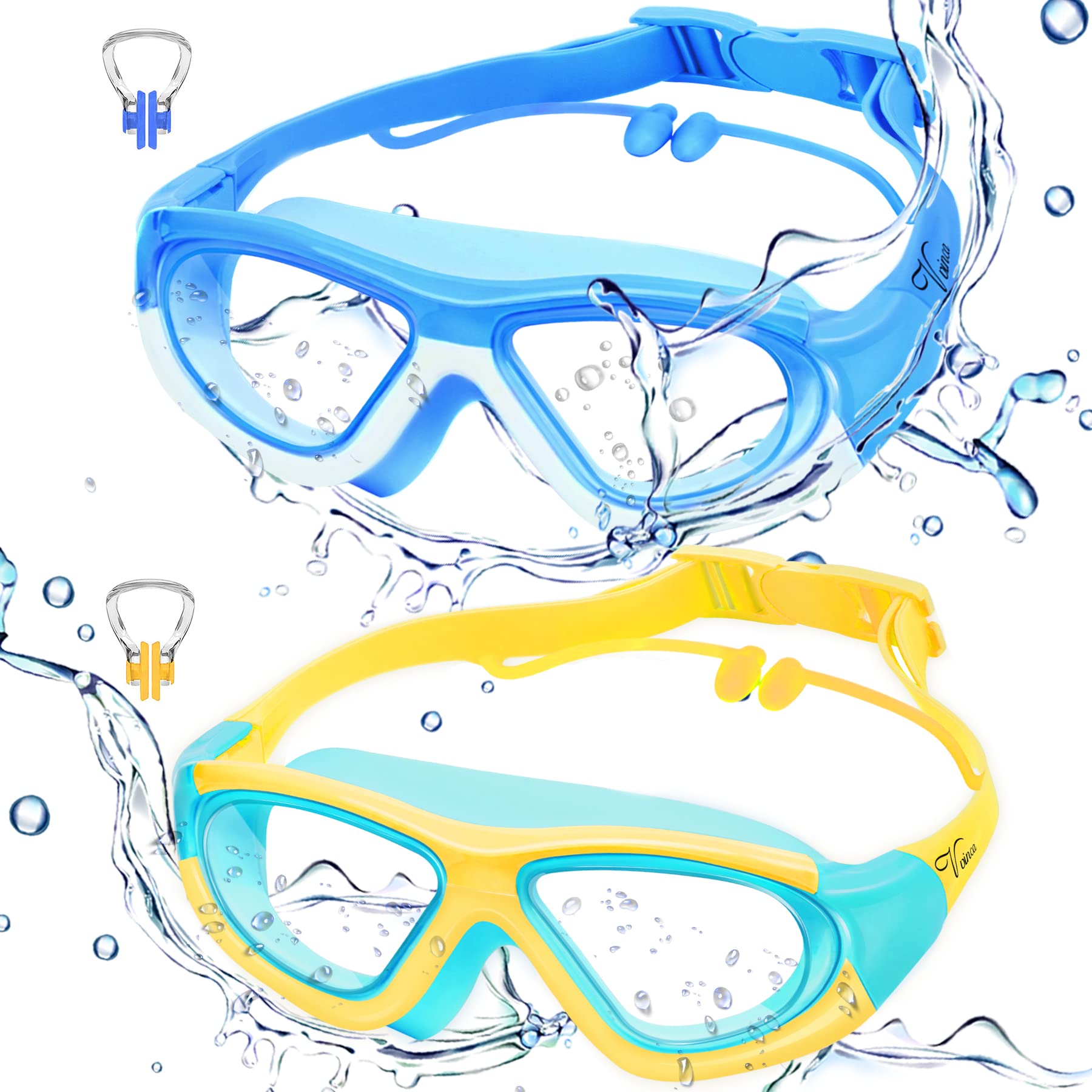 Kids Swim Goggles with Ear Plugs Anti Fog Leak Proof Wide View for Boys and Girls