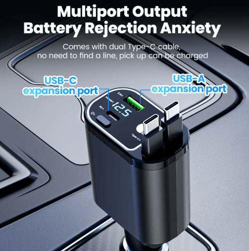 4 in 1 Car Charger with Dual Retractable Cables – USB C Car Fast Charger with Star Lights