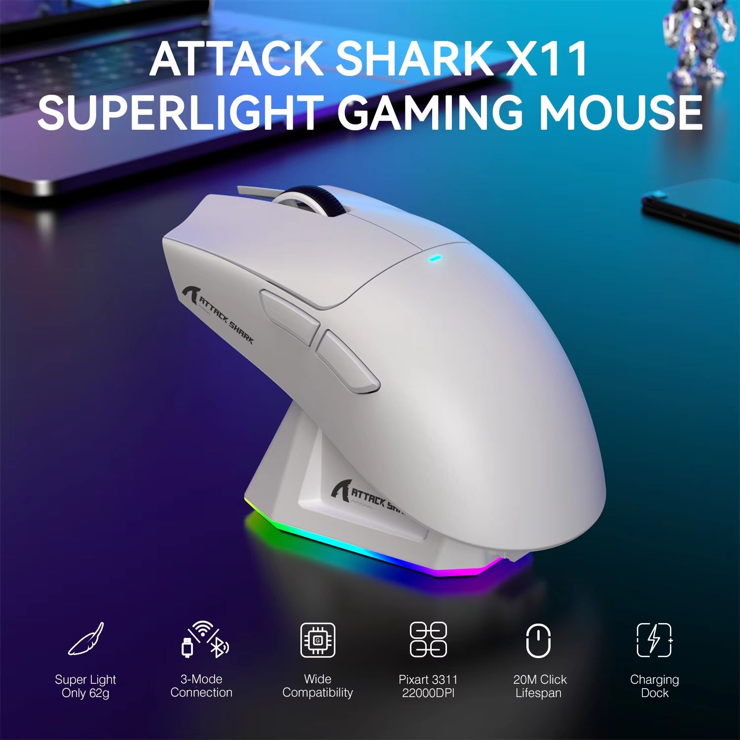 ATTACK SHARK X11 Tri Mode wireless gaming mouse with Magnetic Charging Dock, 22K DPI PAW3311 Sensor, Lightweight RGB