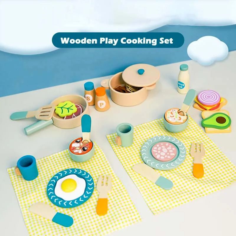 Wooden Kitchen Pretend Play Set for Toddlers, Montessori Simulation Plates & Dishes Toy for Ages