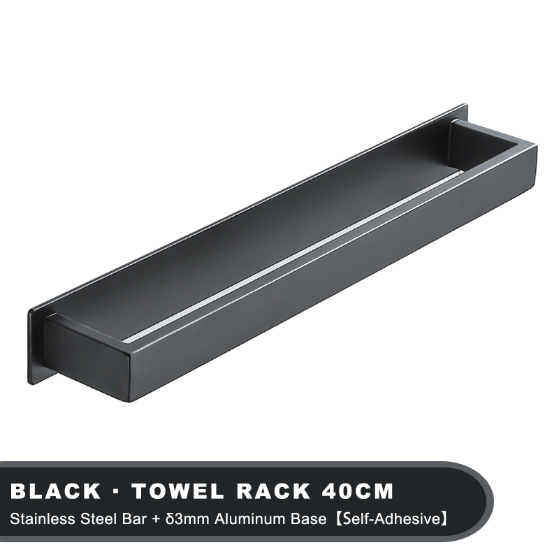 No Drill Black Stainless Steel Towel Holder, Self Adhesive Bathroom Towel Rack, Wall Shower Shelf