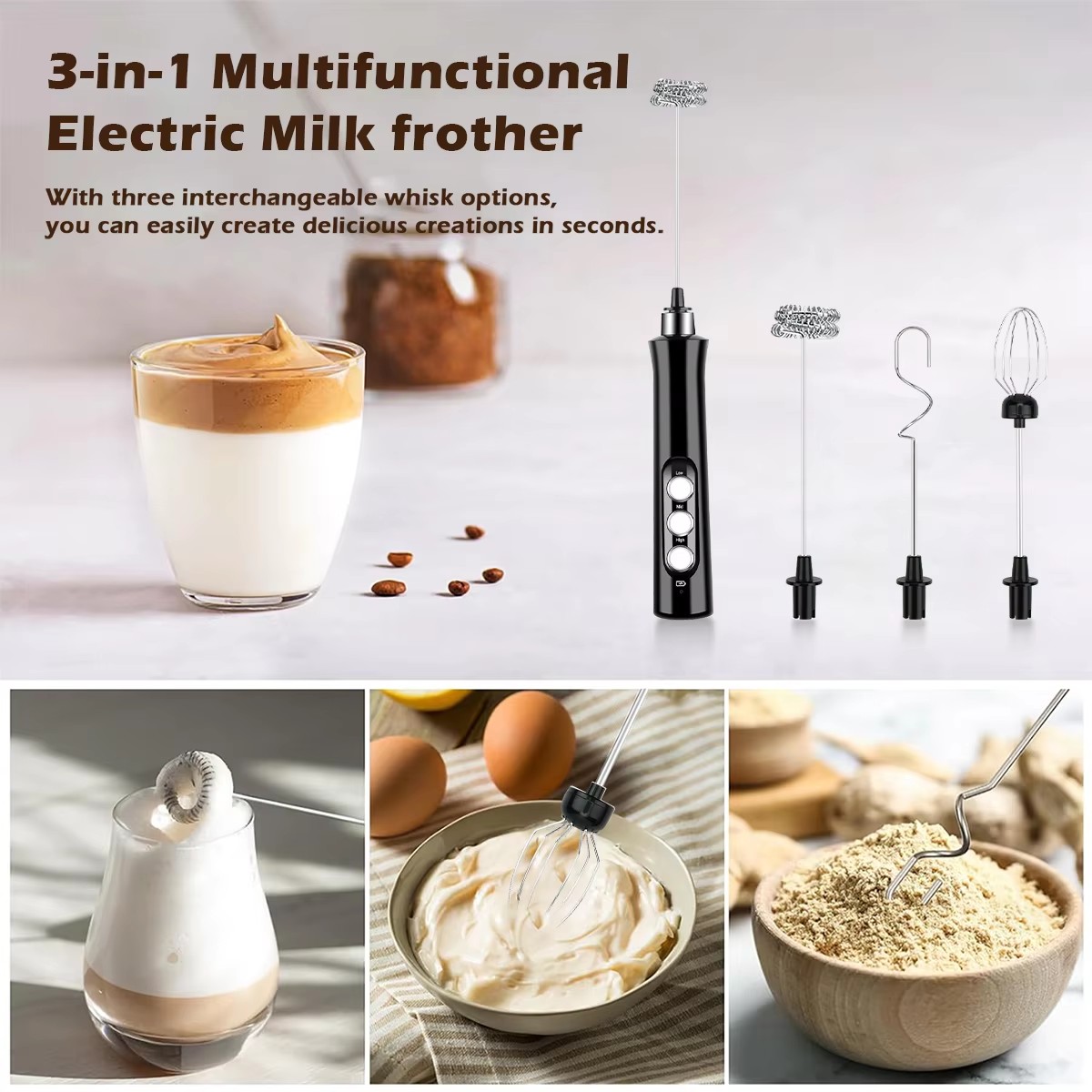 Wireless Rechargeable Electric Milk Frother Speeds, Handheld Foam Maker for Latte, Cappuccino, Hot Chocolate
