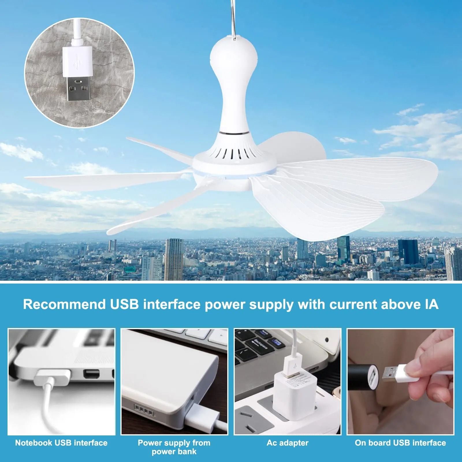 USB Powered Silent 6 Blade Ceiling Canopy Fan with Remote Control