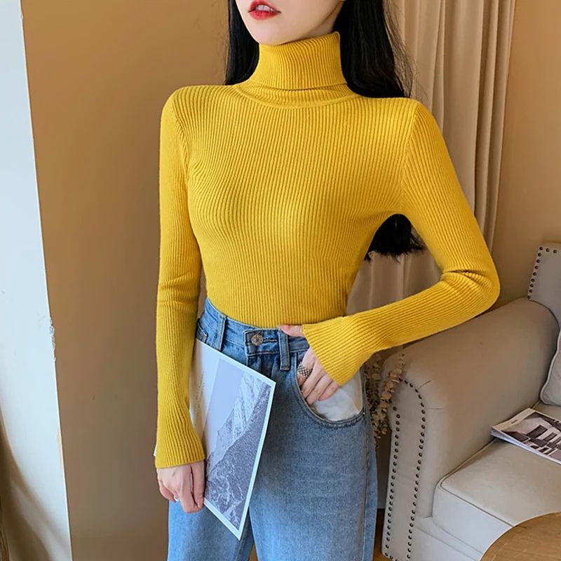 Autumn Winter Women's Ribbed Turtleneck Knit Sweater – Slim Fit Soft Warm Pullover