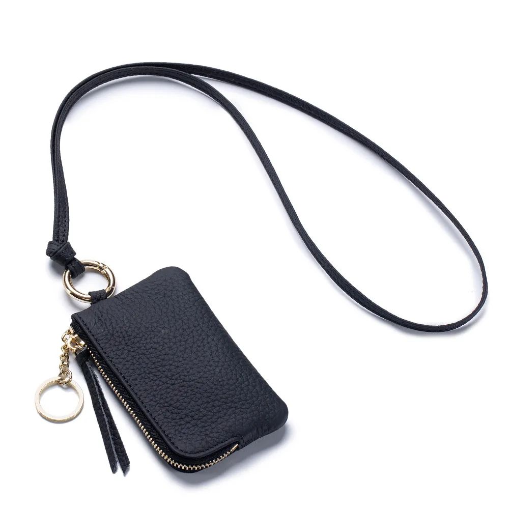 Genuine Leather Keychain Wallet Mini Card Holder with Zipper Coin Pouch