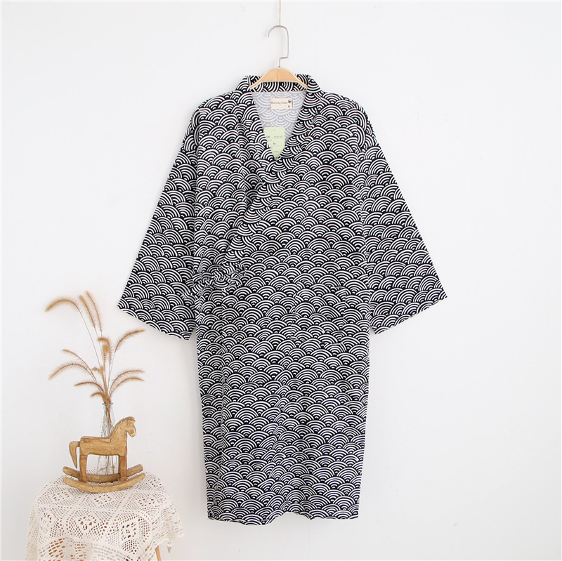 Men's Hooded Cotton Gauze Robe, Thin Yukata Kimono Pajamas, V-Neck Cotton Bathrobe
