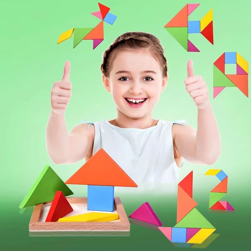 Wooden Tangram Puzzle for Kids, 7-Piece Color Shape Brain Teaser Set