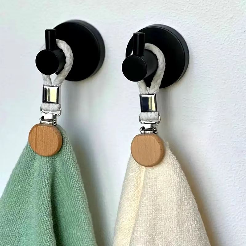 Rustic Beech Wood Towel Clip Set with Woven Rope – Non Slip Kitchen & Bathroom Organizer (2pcs)
