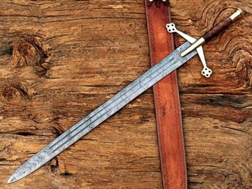 Handmade Damascus Steel Long Scottish Claymore Viking Hiking Sword with Cow Leather Sheath