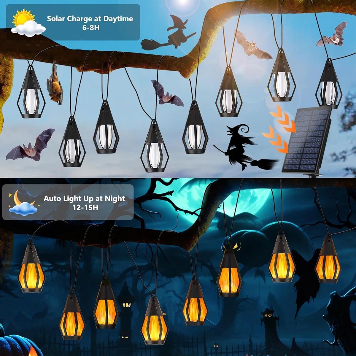 10-Bulb Flickering Flame Solar String Lights | Waterproof Outdoor Halloween Yard & Patio Decor