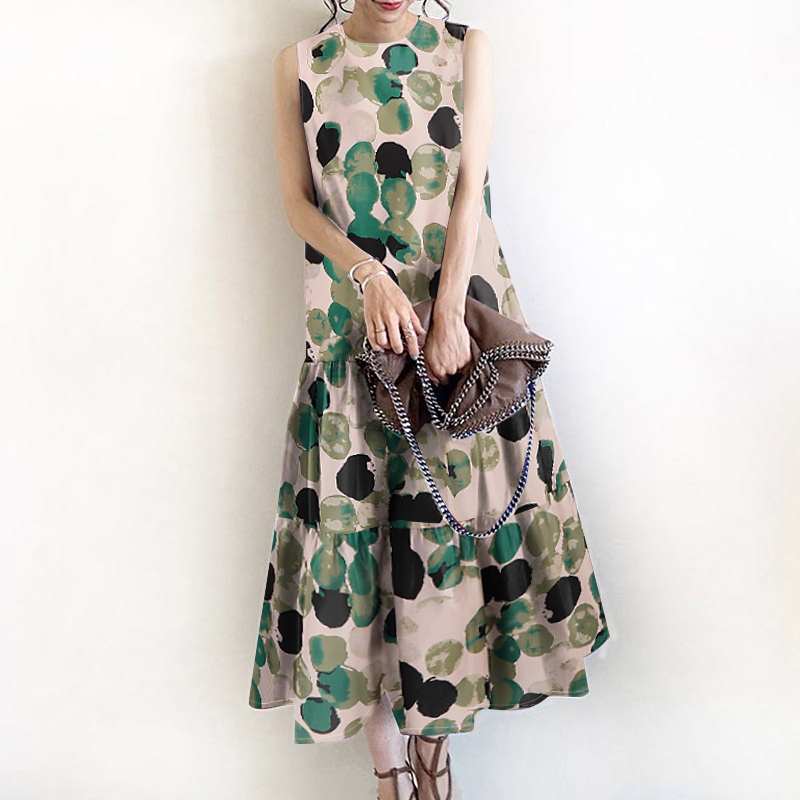 Bohemian Sleeveless Summer Dresses Women, Floral Printed Sundress, Casual Fashion Ruffles Hem Long Vestido