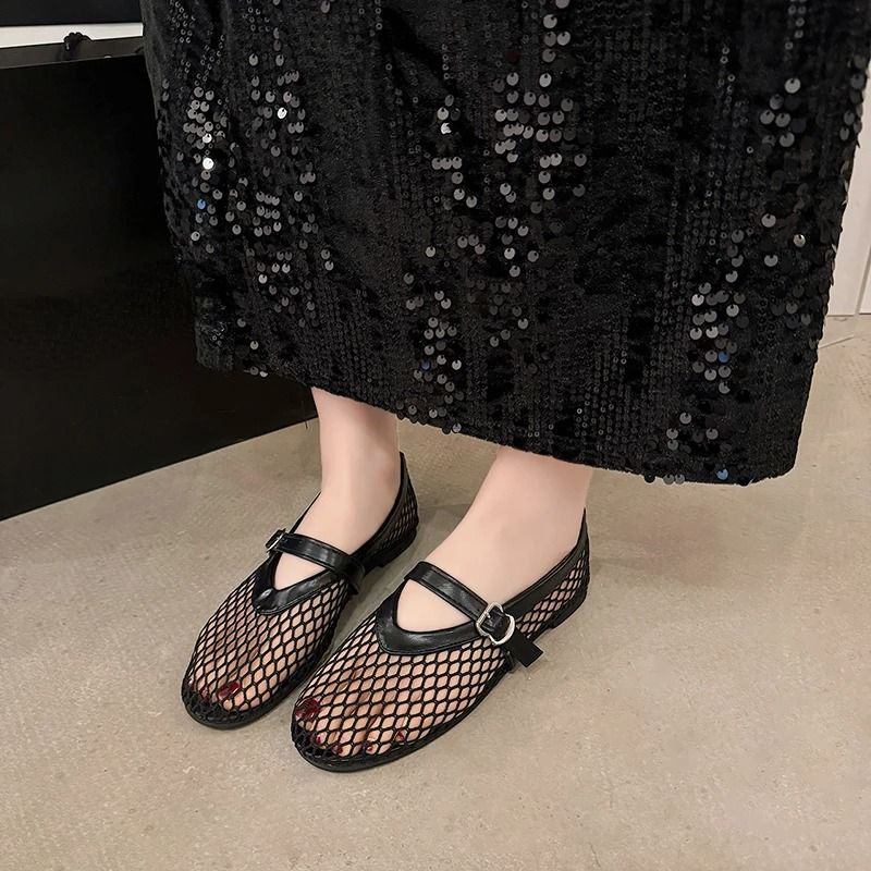 Womens Mary Jane Flats with Cut-Out Design and Buckle Strap