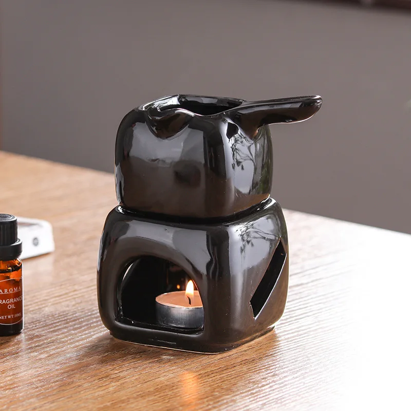 Ceramics Spa Essential Oil Massage Heater, 150ml Square Aromatherapy Holder, Black Separated Candle Tea Warmer