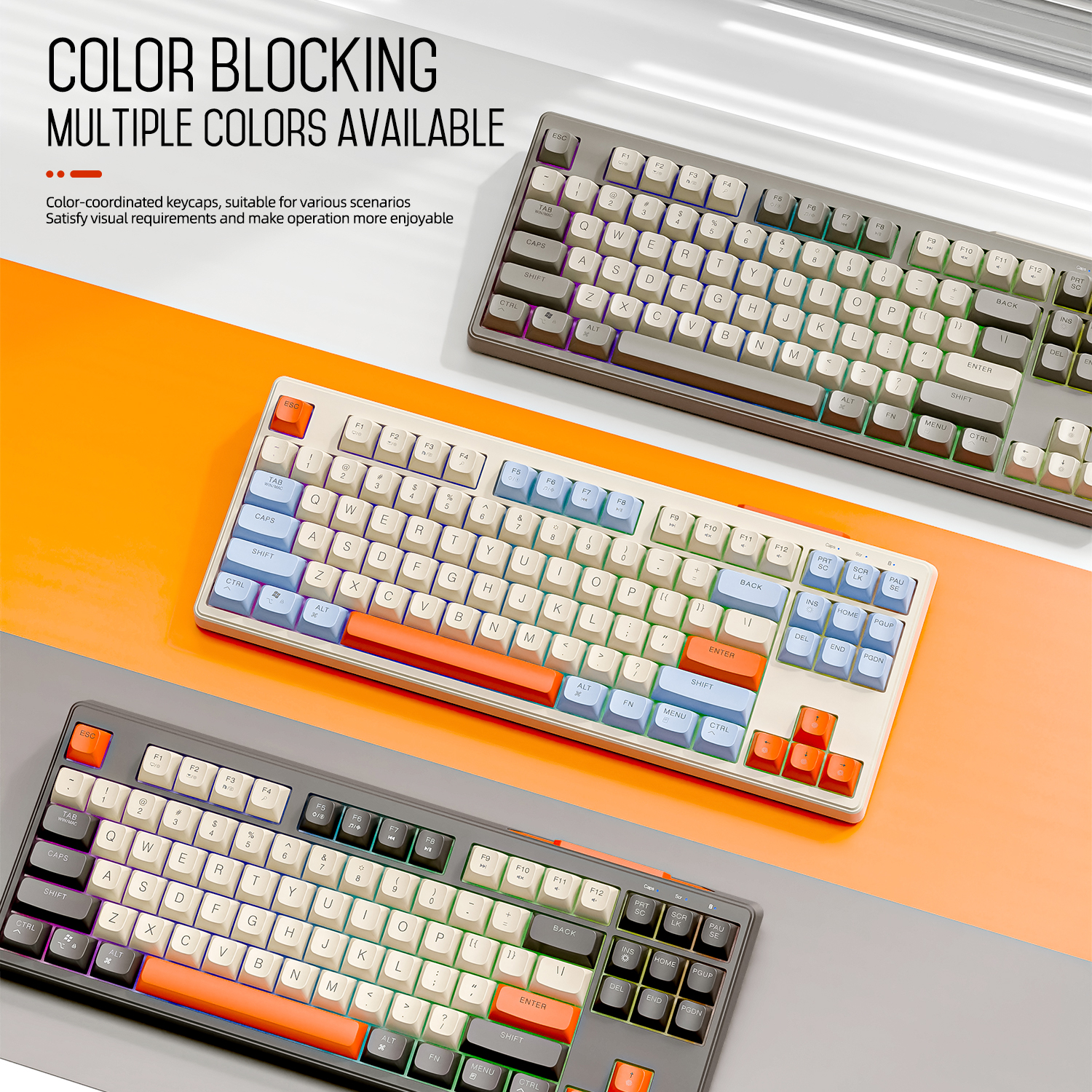 Wireless Keyboard Gaming, Dual Mode Bluetooth Keyboard with Rainbow Light RGB, PBT Ballcaps Silent Office Gaming