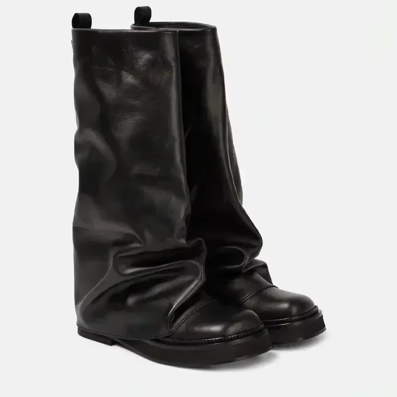 Women's Autumn Winter Calf Boots – Pleated Leather Mid-Leg Design with Thick High Heels