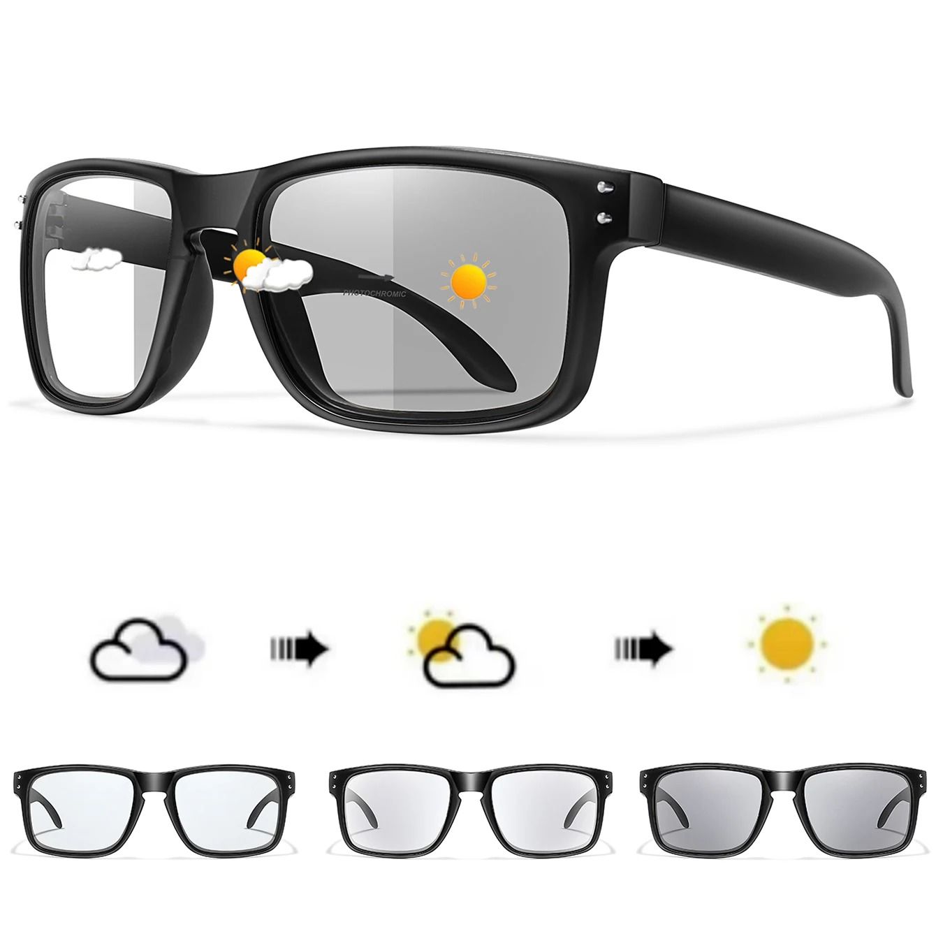 Photochromic Windproof Square Sports Sunglasses for Men and Women Cycling MTB Eyewear