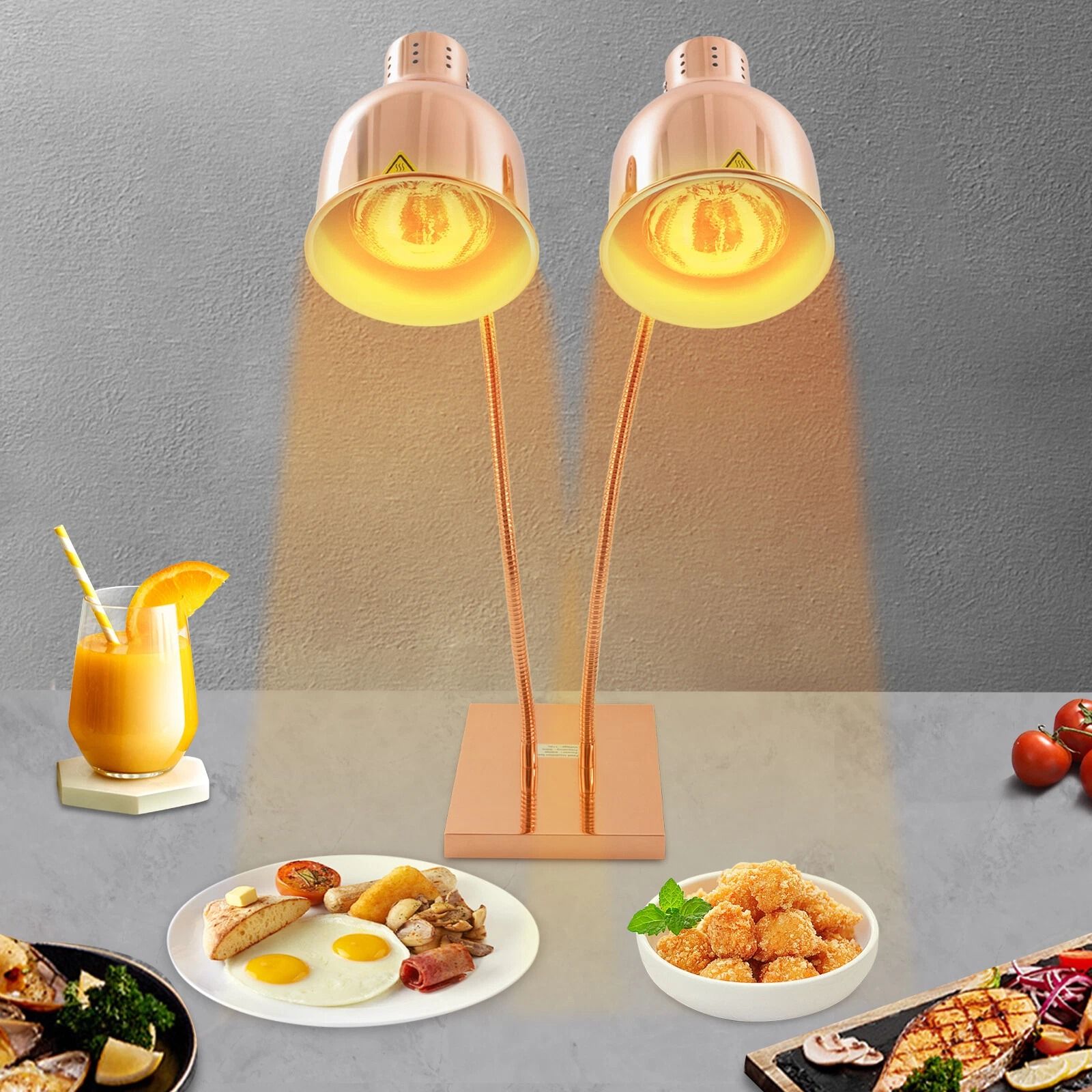 2-Head Food Warming Lamp Gold, Tabletop Food Insulation Lamp, Food Warmer