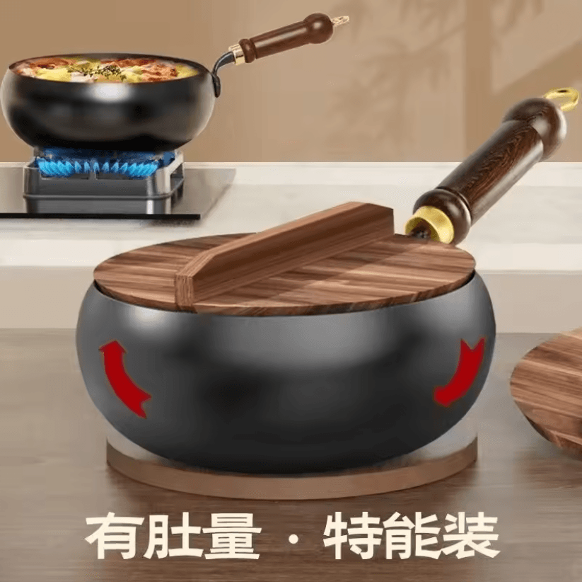 Big Belly Cast Iron Deep Pan with Lid Uncoated Iron Pan
