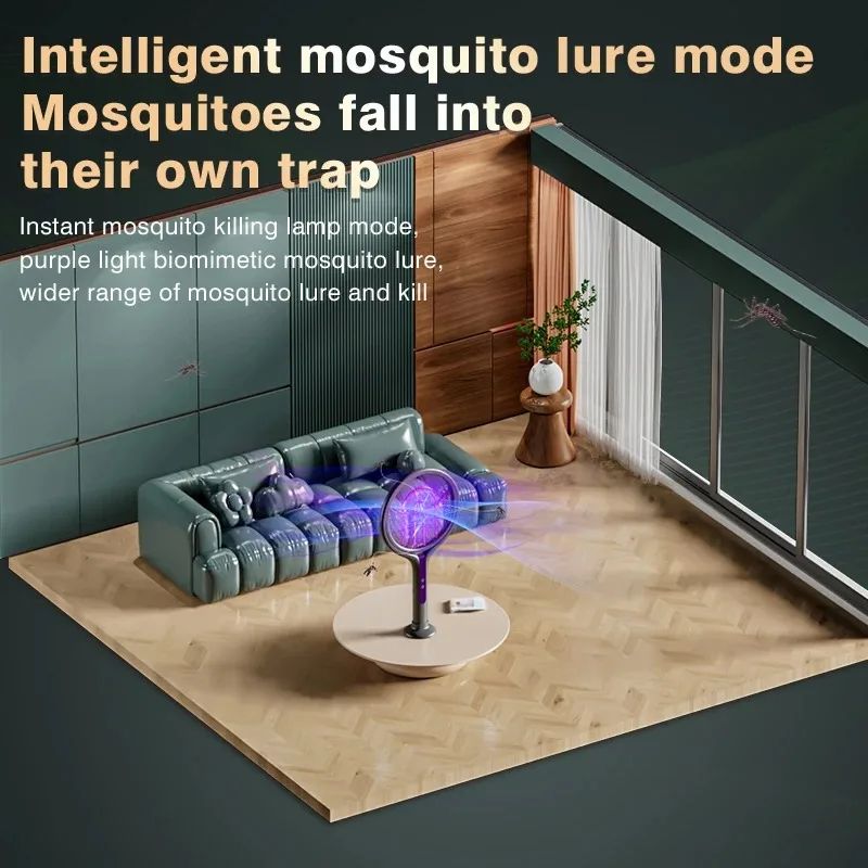 2800V Electric Mosquito Swatter Rechargeable Mosquito Racket with Extension Handle 5-Layer Safety Protection