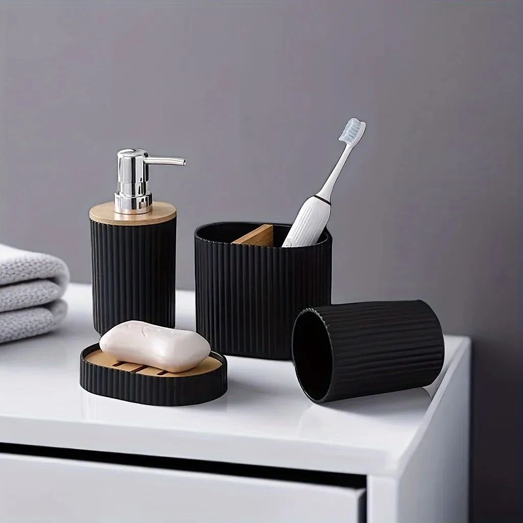 4-Piece Bathroom Accessories Set – Toothbrush Holder, Soap Dispenser, Cup & Soap Dish Organizer