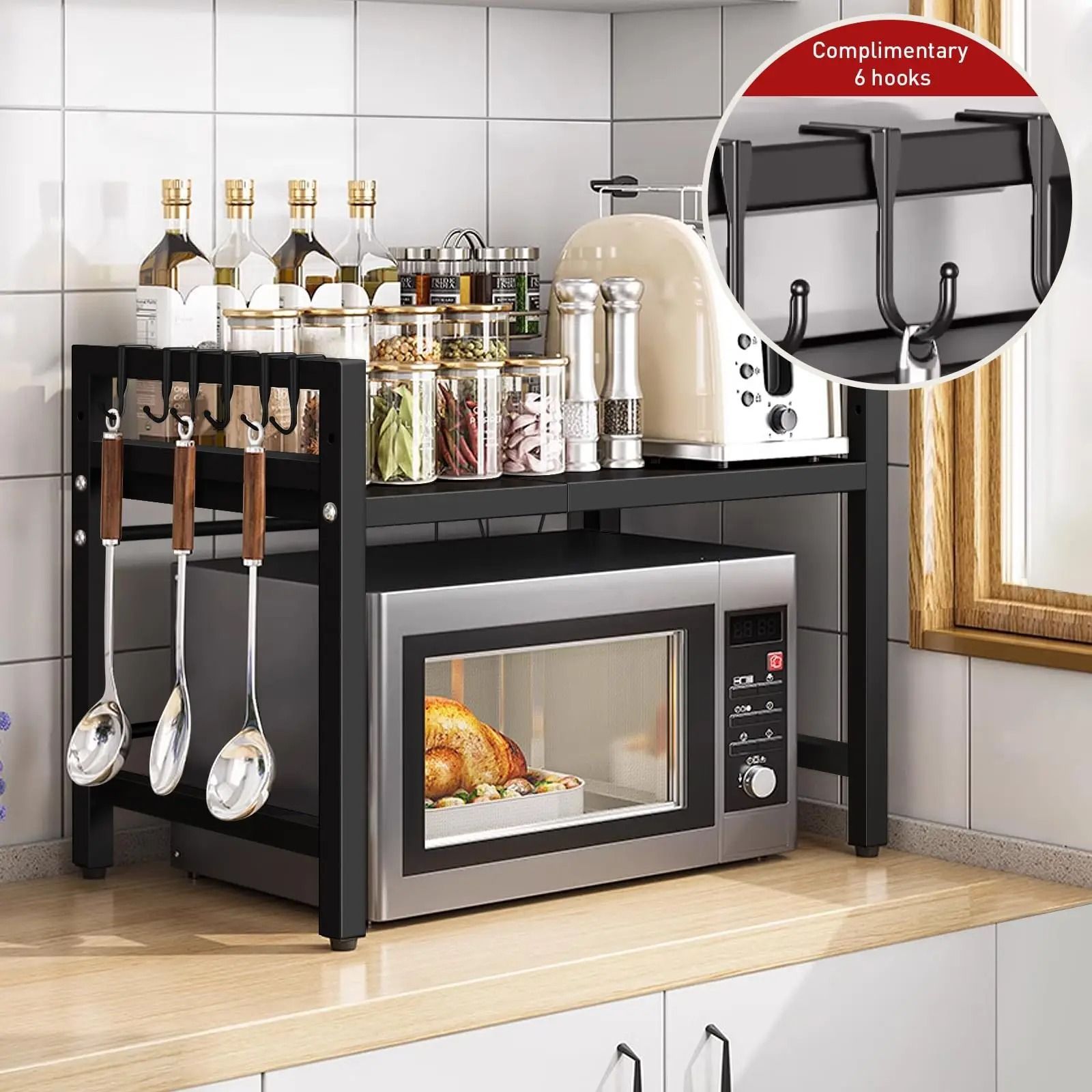 Expandable Microwave Shelf Organizer for Countertops with Rust Proof Metal Frame and Tableware Storage